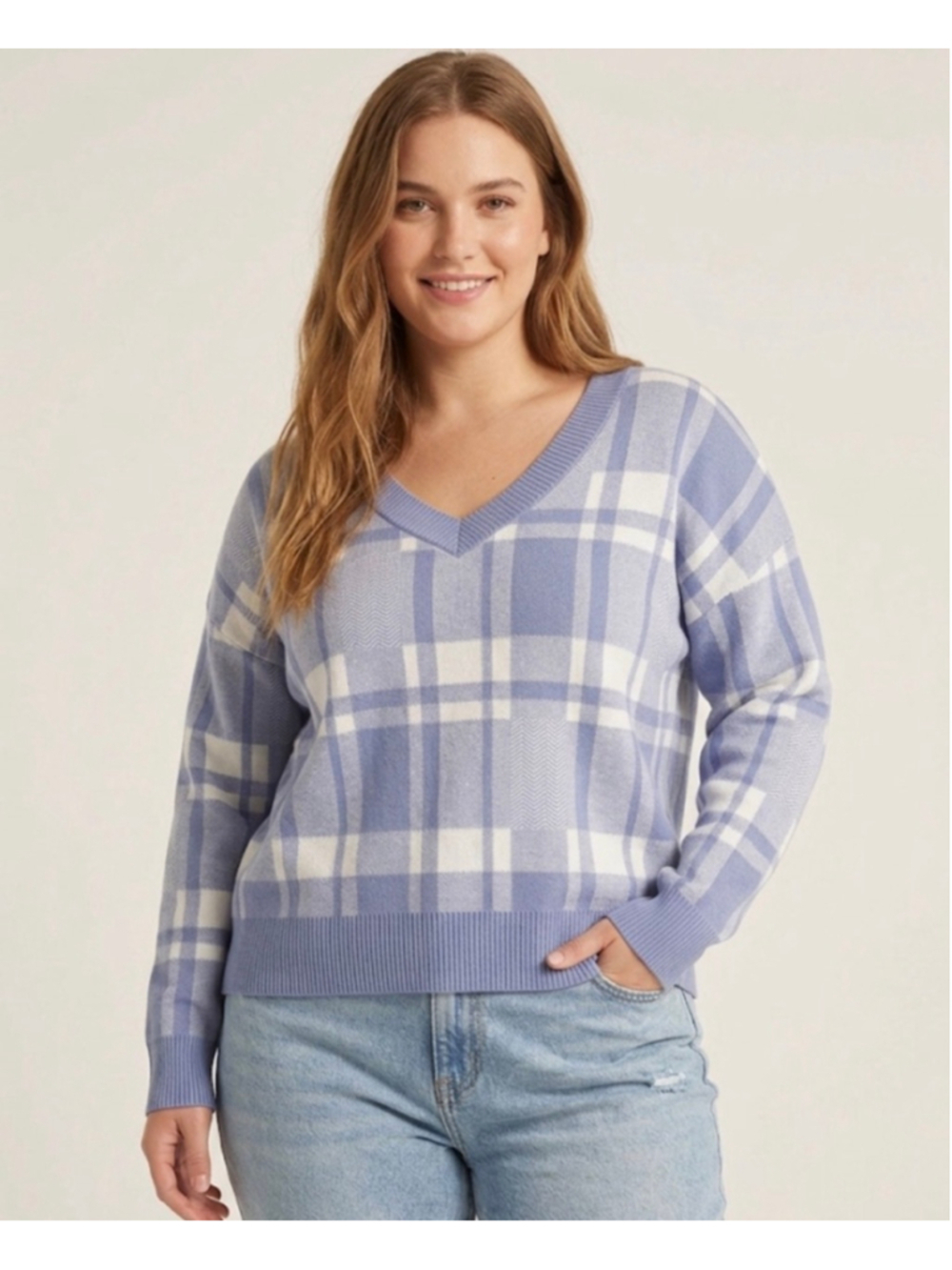 Christian Siriano New York Plus XL Plaid V-Neck Sweater Blue White